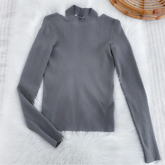 HELMUT LANG Ring Cutout Mockneck Pullover Top Gray Ling Sleeve Sweater - Picture 14 of 15